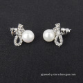 Bow Crystal Silver Plated Faux Pearl Mini Stud Earrings